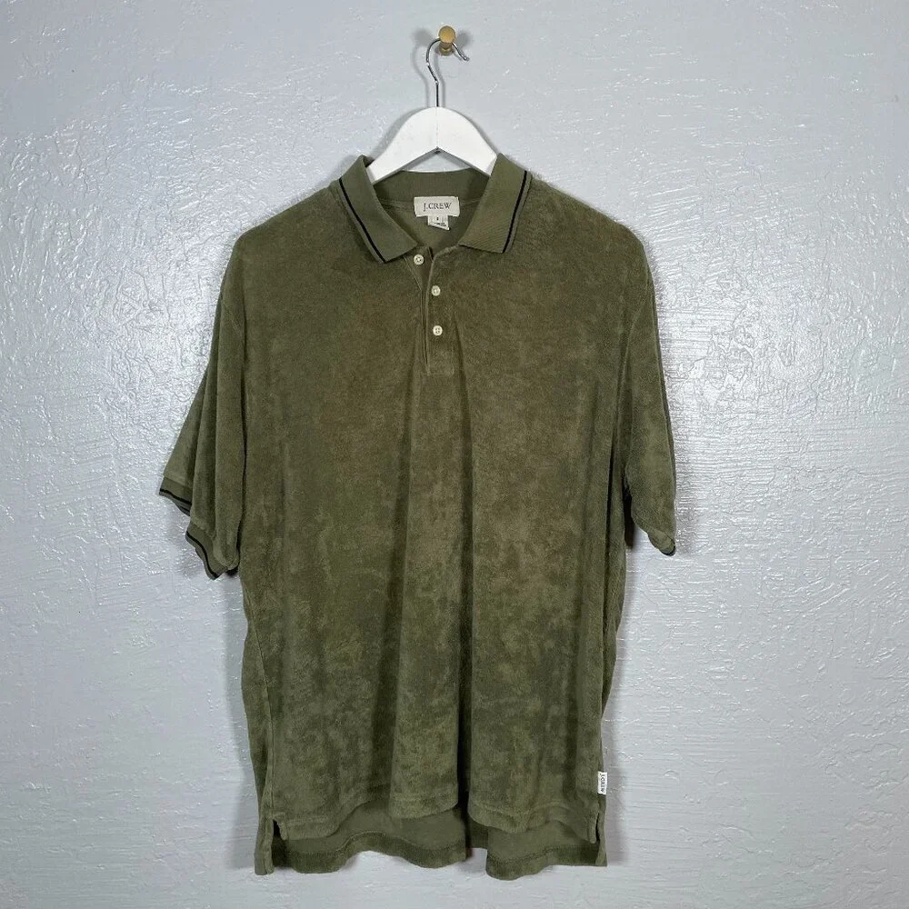J Crew Men S Olive Green Terry Cloth Polo Shirt Short Sleeve Collared Preppy